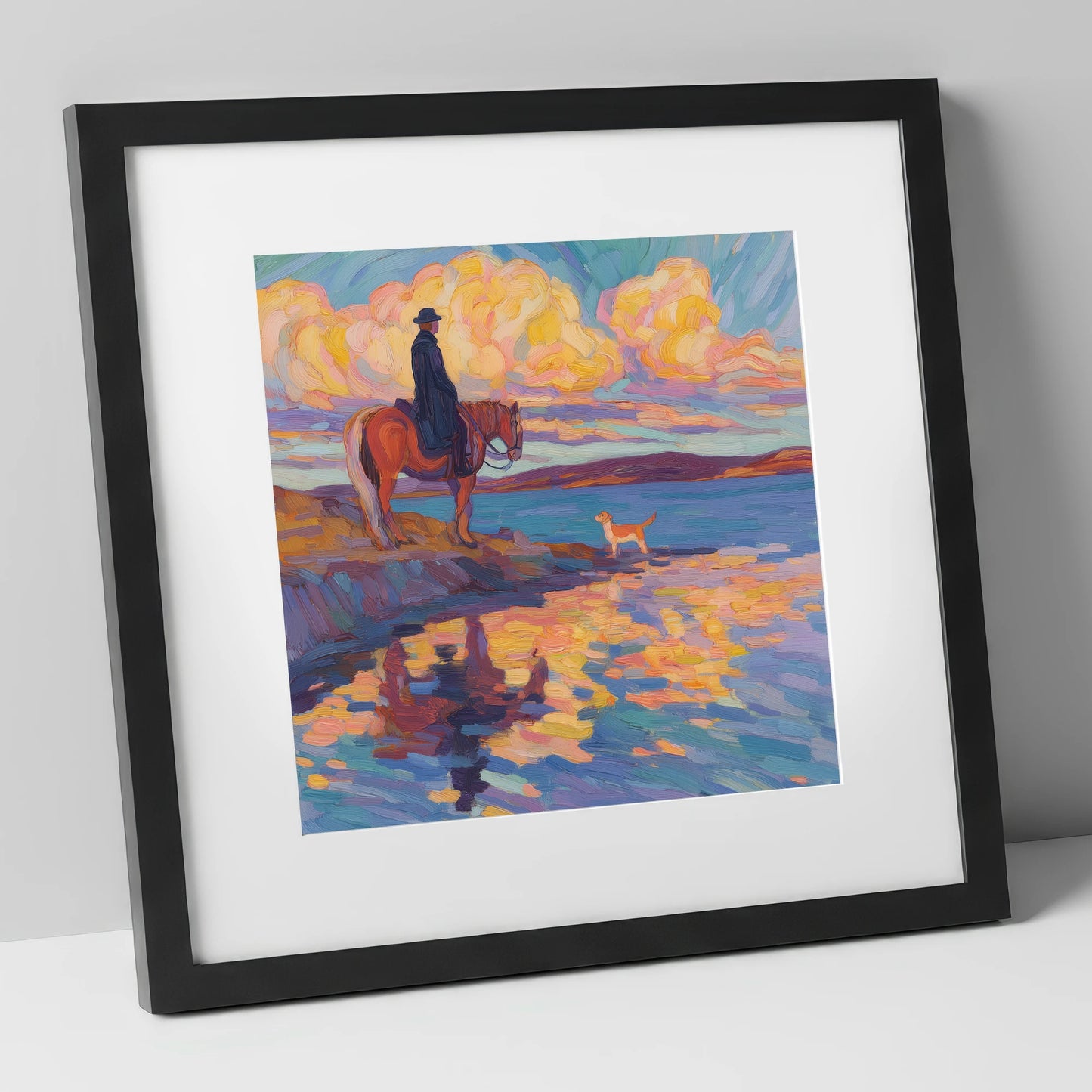 Evening Tide Halt beach horse art print in black frame
