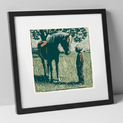 Kindred Spirits horse & rider art print in black frame
