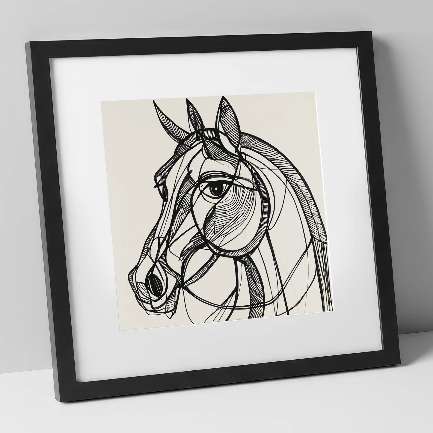 Bold Linear Equine horse portrait art print in black frame