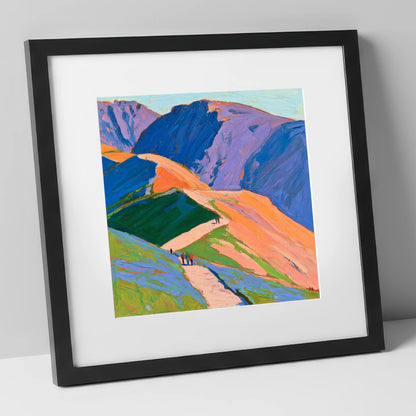 Vibrant Mountain Trail horse landscape art print in black frame