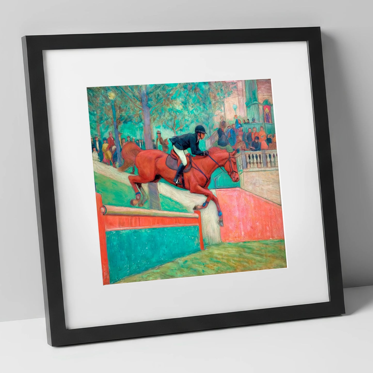 The Emerald Leap show jumping horse art print in black frame
