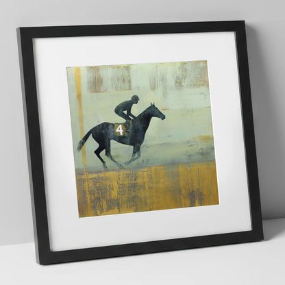 The Gilded Gallop racing horse art print in black frame