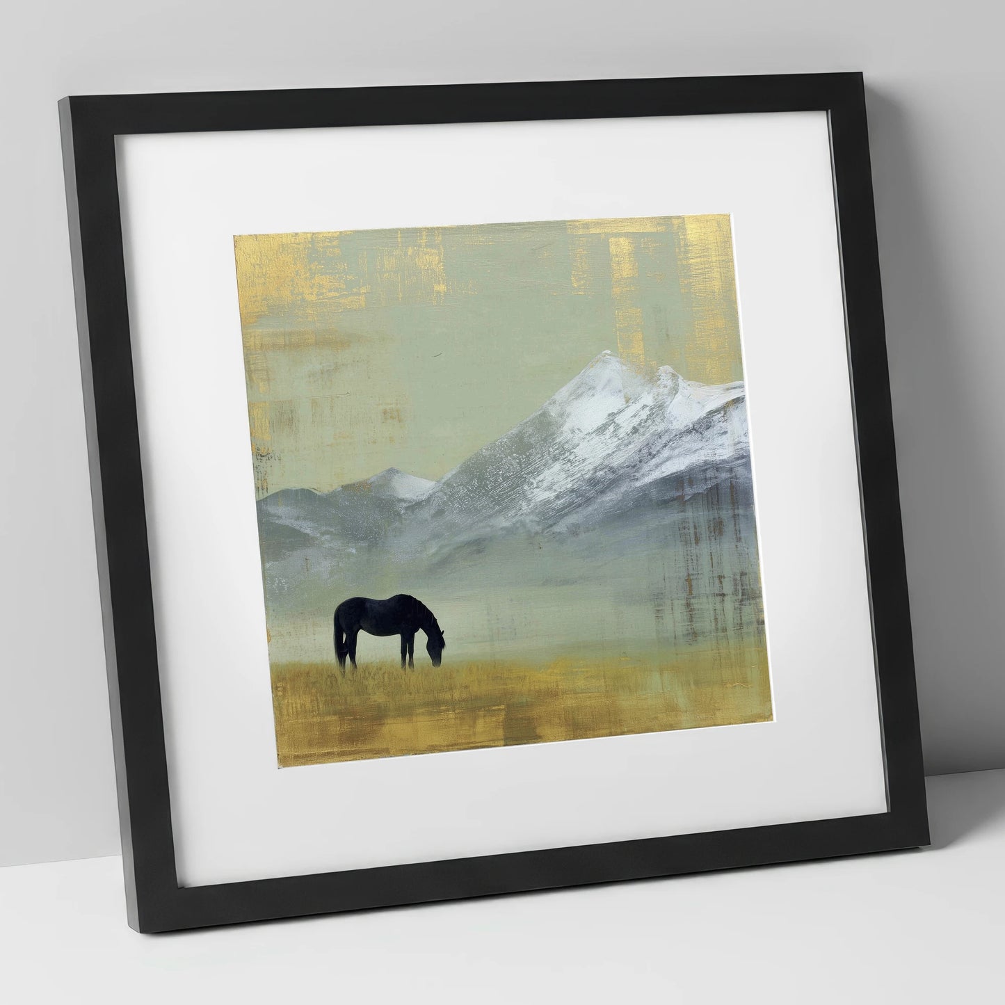 Gilded Mountain Solitude horse landscape art print in black frame