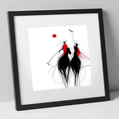 Crimson Chukka polo horse art print in black frame