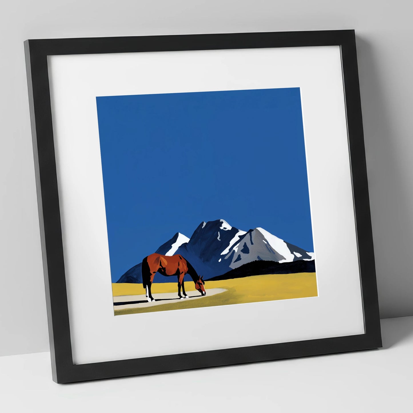 Majestic Mountain Grazing horse landscape art print in black frame