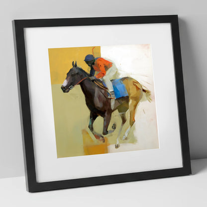Full Stretch Momentum racing horse art print in black frame