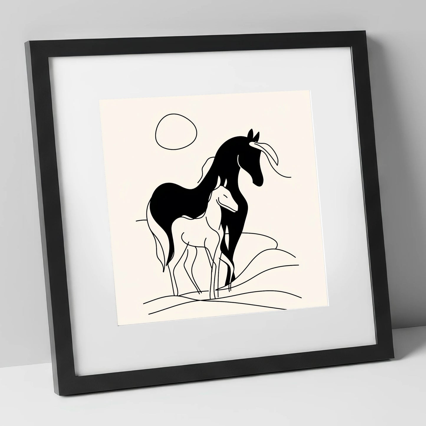 Silhouette of Devotion mare & foal art print in black frame