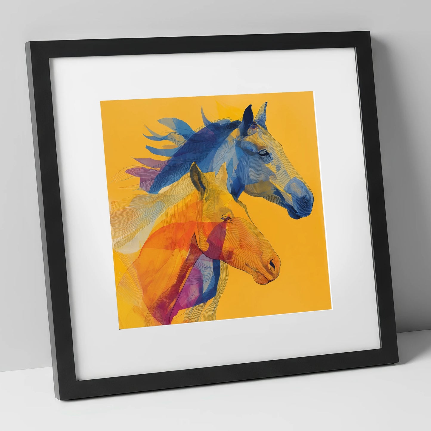 Cobalt and Amber Duet horse landscape art print in black frame
