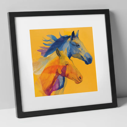 Cobalt and Amber Duet horse landscape art print in black frame