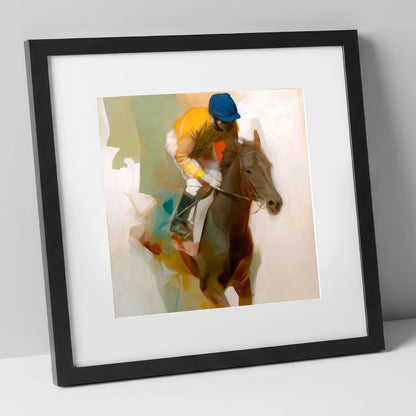Yellow Silk Strike racing horse art print in black frame