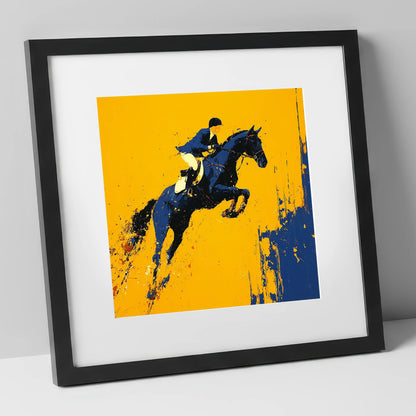Airborne Over Gold show jumping horse art print in black frame