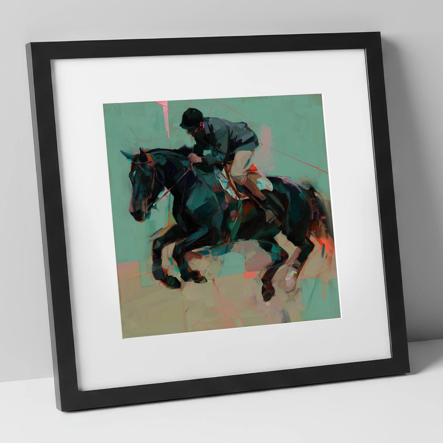 Modern Showjumper show jumping horse art print in black frame