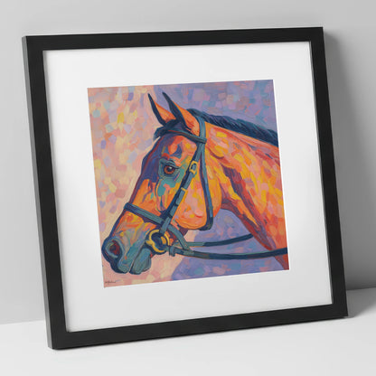 Vivid Equine Gaze racing horse art print in black frame