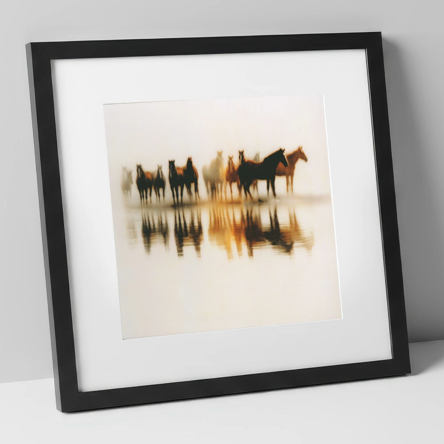Mirrored in Mist wild horses art print in black frame