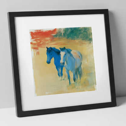 Cobalt Companions horse landscape art print in black frame