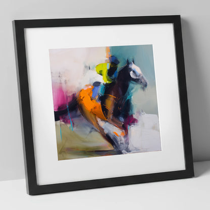 Technicolour Gallop racing horse art print in black frame