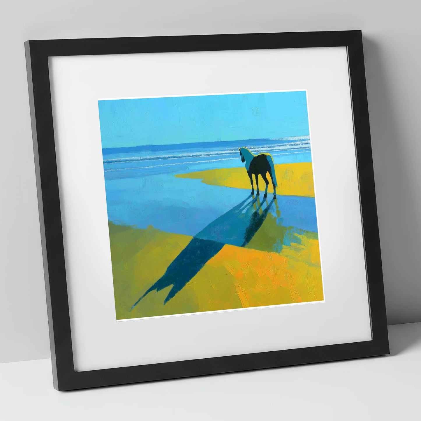 Azure Shoreline Silhouette horse landscape art print in black frame