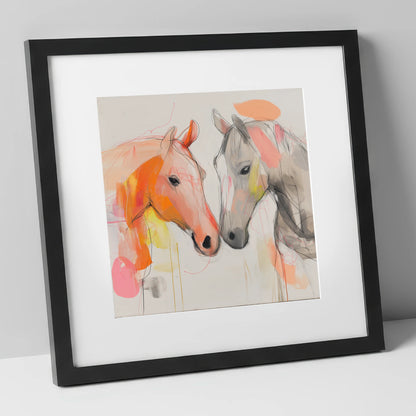 Tender Connection horse portrait art print in black frame