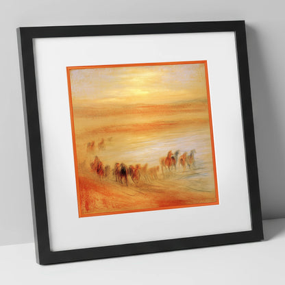 Terracotta Sunrise Herd horse landscape art print in black frame