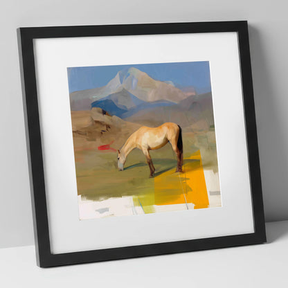 Golden Mountain Pasture horse landscape art print in black frame