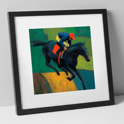The Crimson Cap racing horse art print in black frame