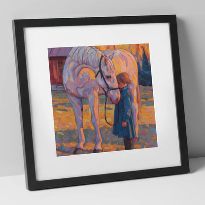 A Quiet Connection horse & rider art print in black frame