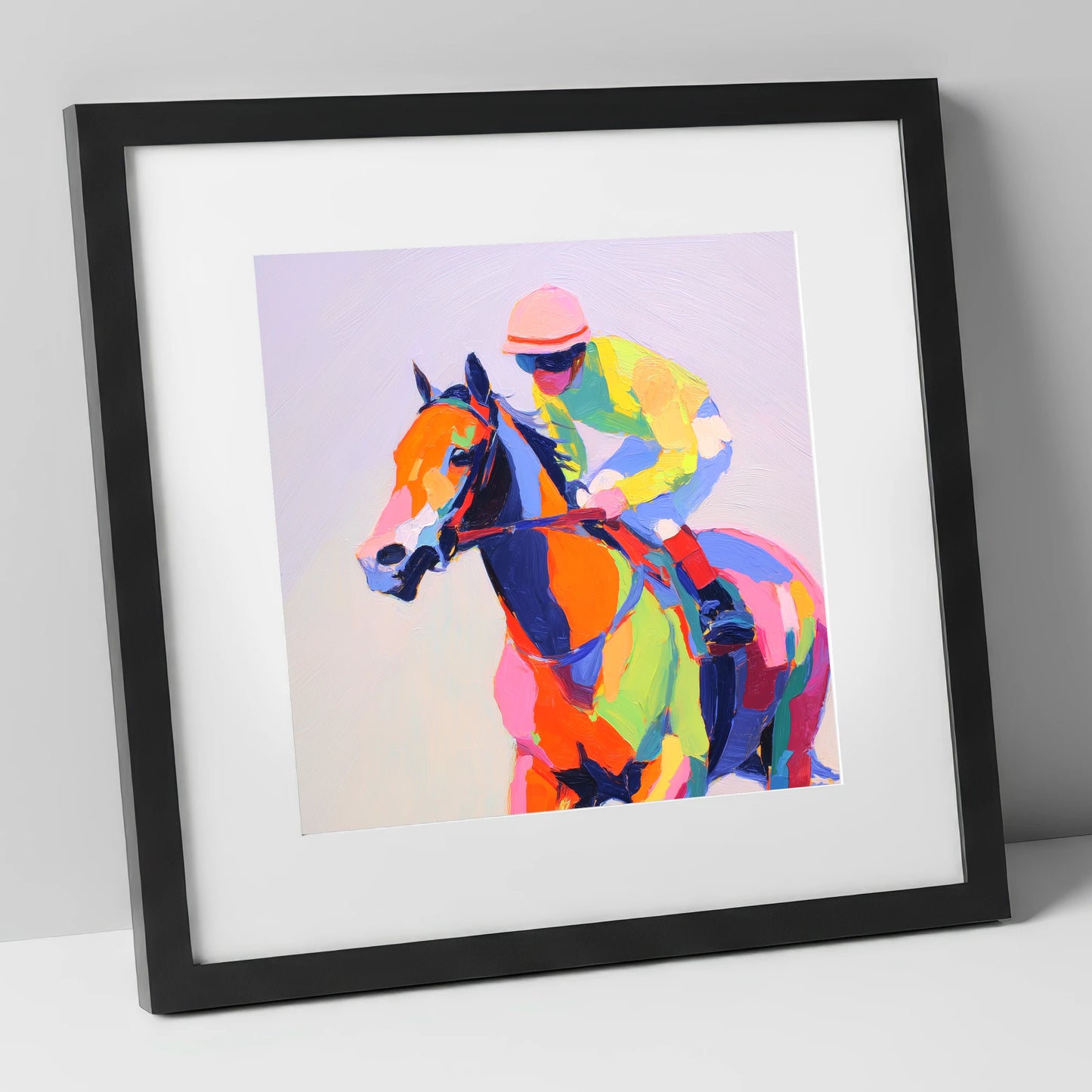 Technicolour Gallop racing horse art print in black frame