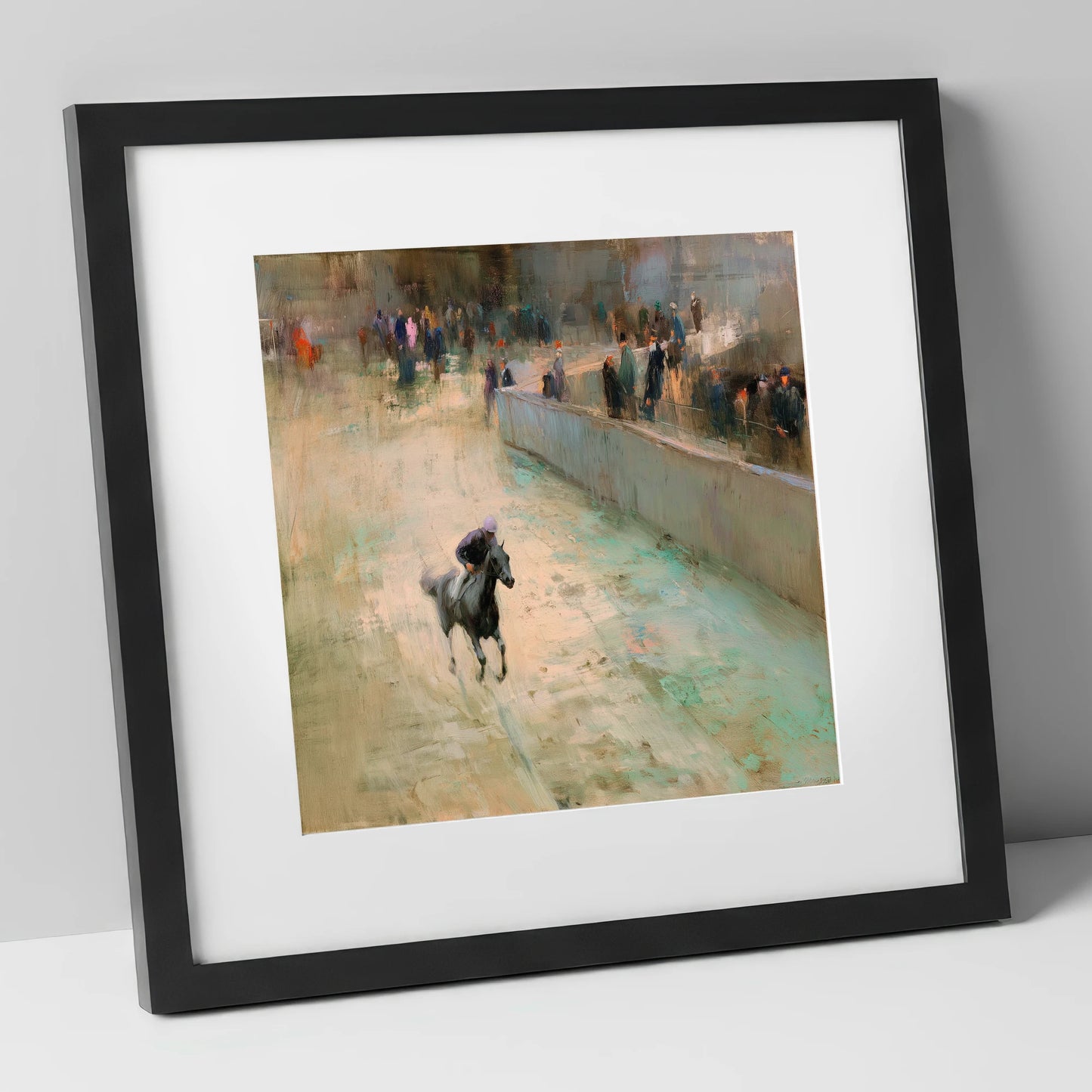 Echoes of the Track racing horse art print in black frame