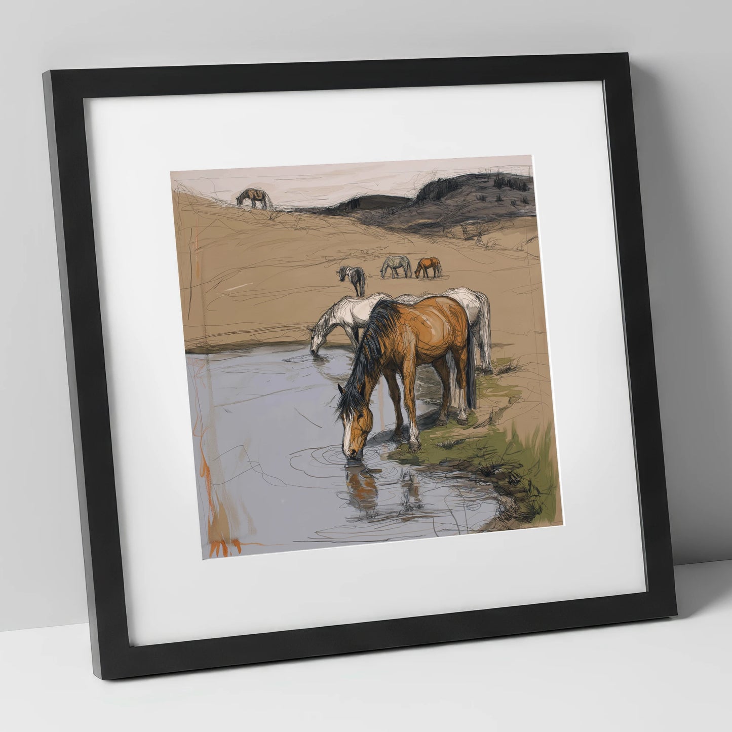 Quiet at the Waterhole wild horses art print in black frame