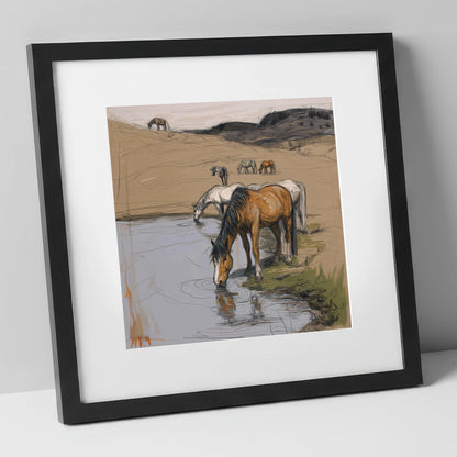 Quiet at the Waterhole wild horses art print in black frame