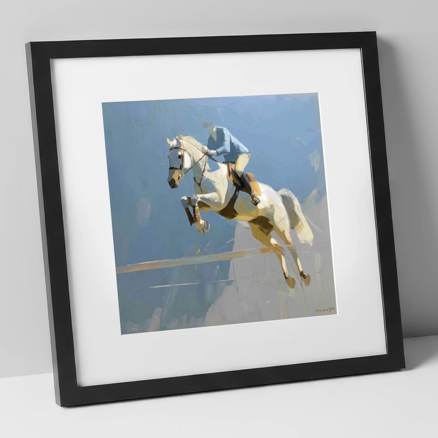 Flight Over Slate show jumping horse art print in black frame