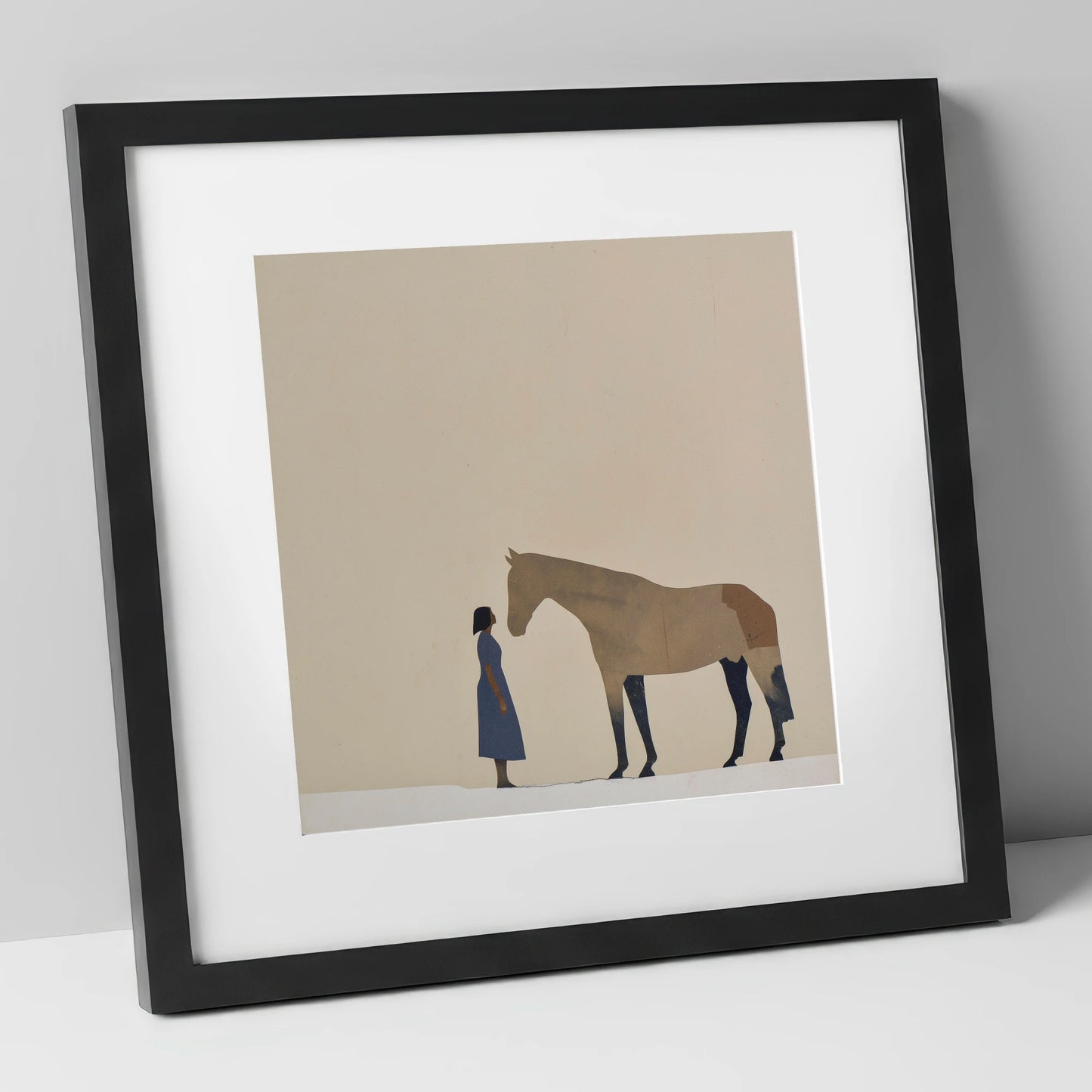 Silent Conversation horse & rider art print in black frame