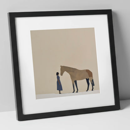 Silent Conversation horse & rider art print in black frame