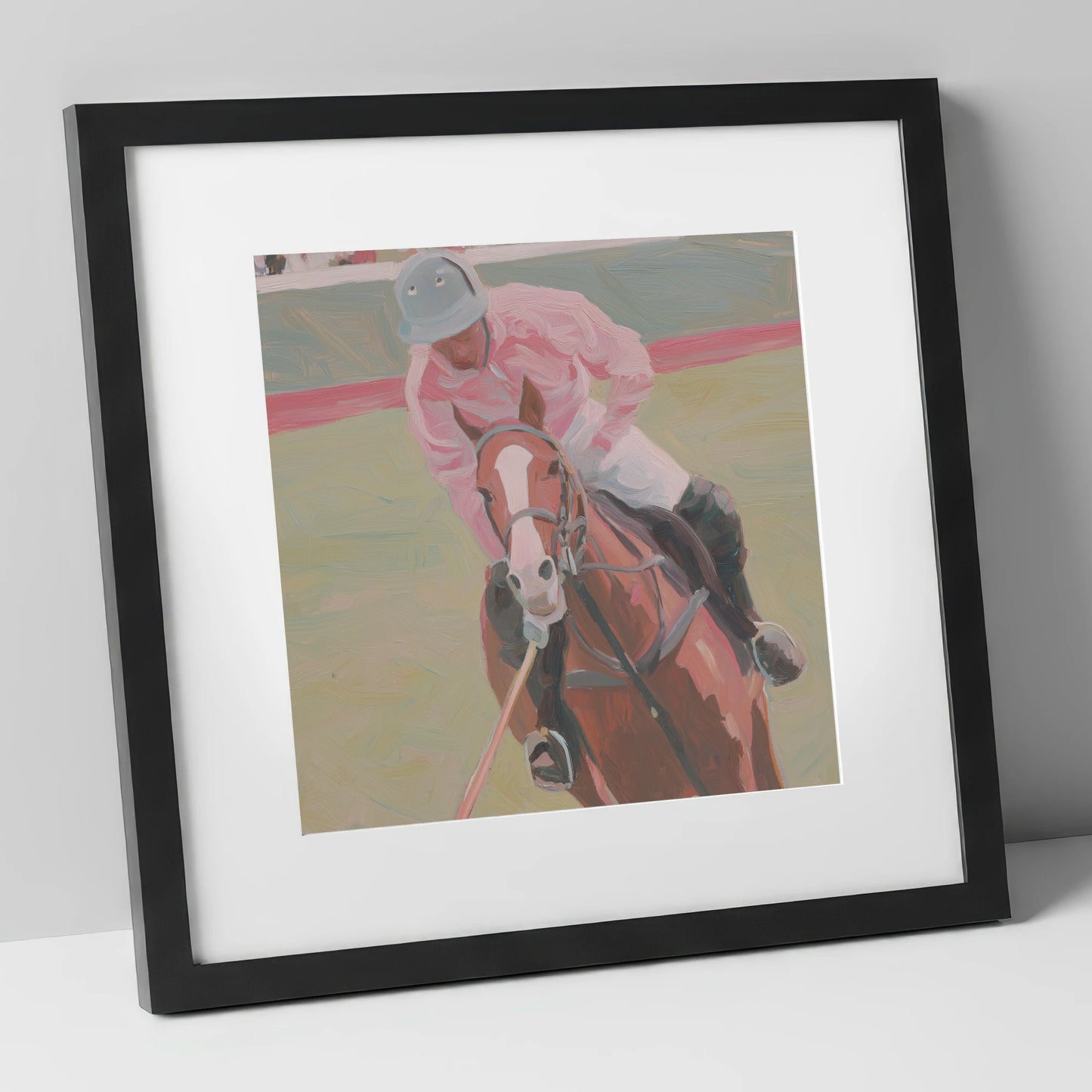 Dusty Pink Pursuit polo horse art print in black frame