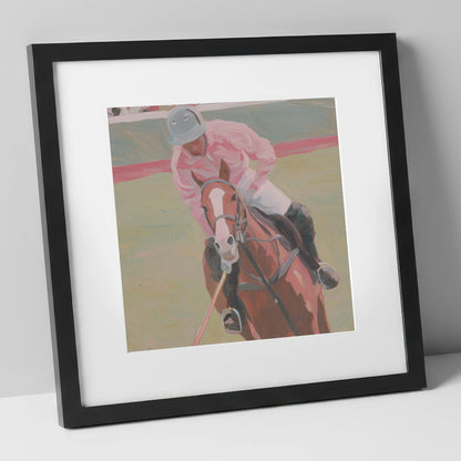 Dusty Pink Pursuit polo horse art print in black frame