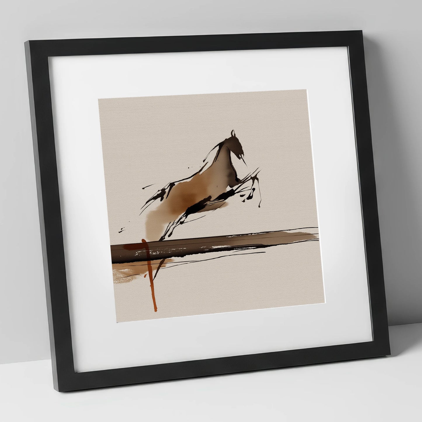 Airborne Elegance show jumping horse art print in black frame