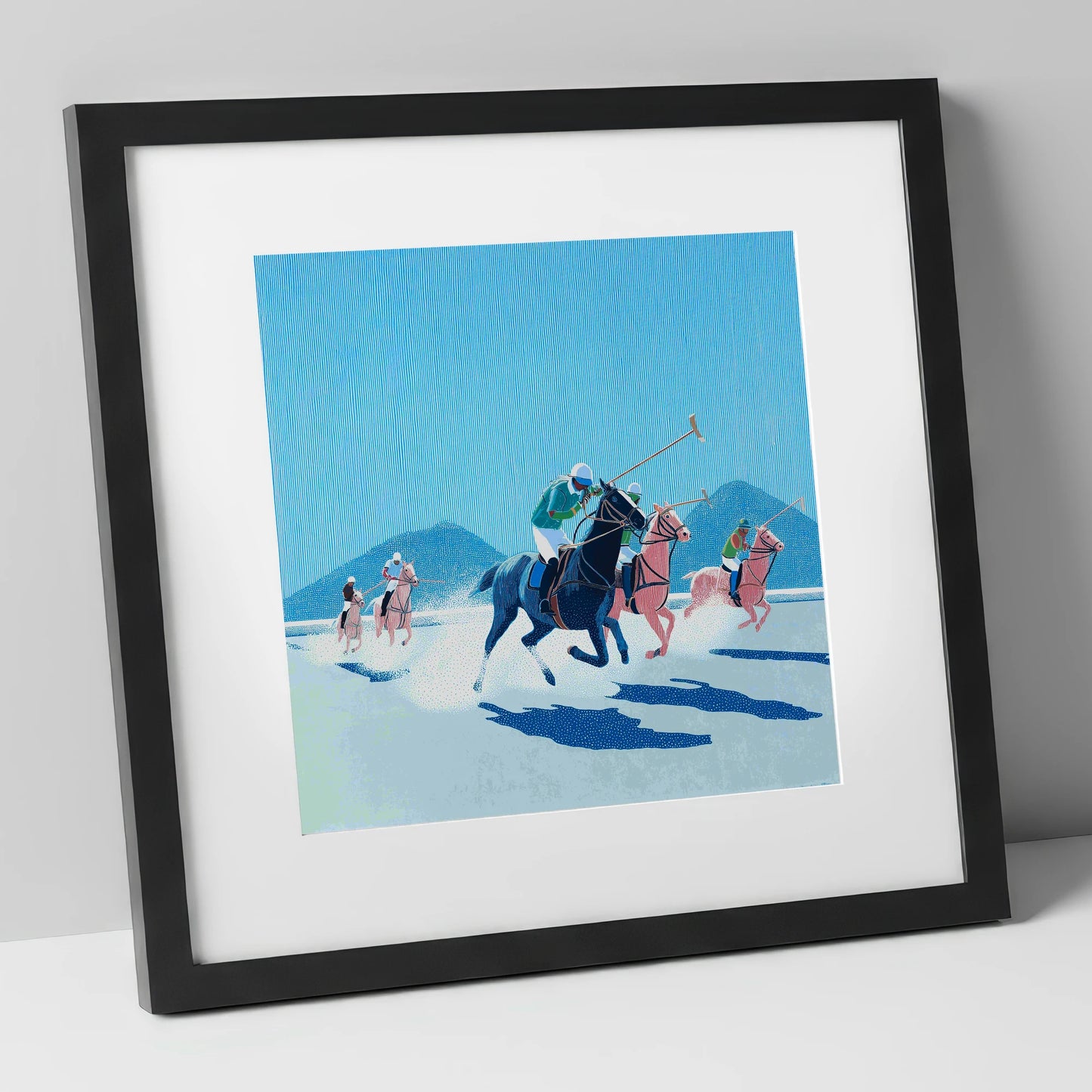 Azure Polo Pursuit polo horse art print in black frame