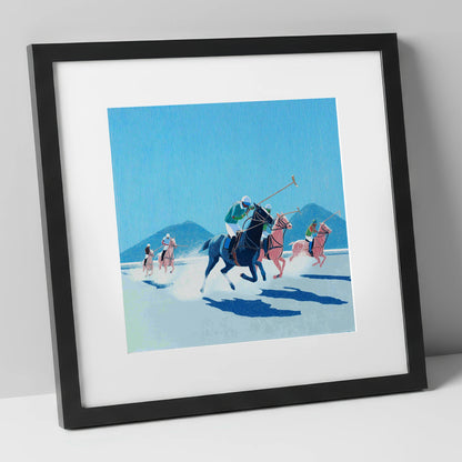 Azure Polo Pursuit polo horse art print in black frame