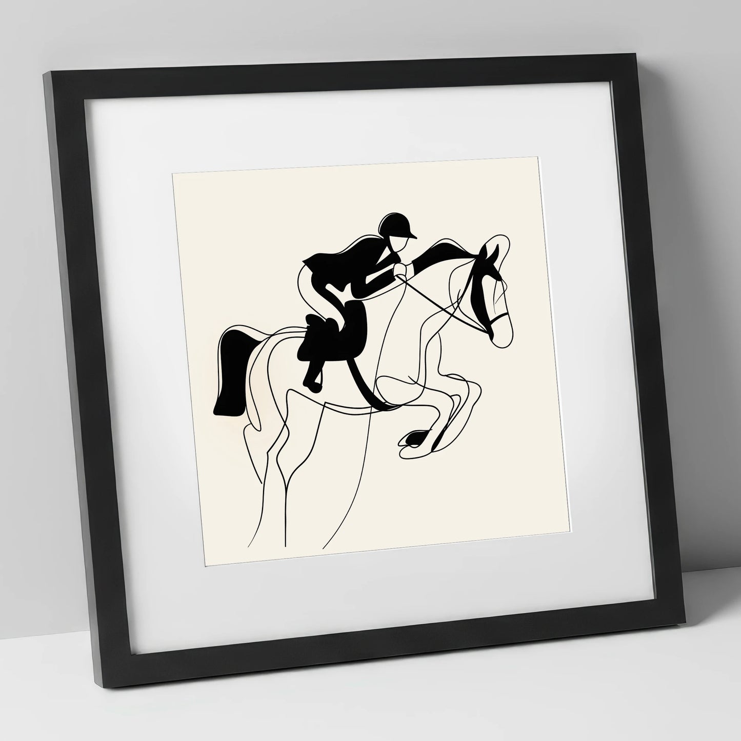 Grace in Flight show jumping horse art print in black frame
