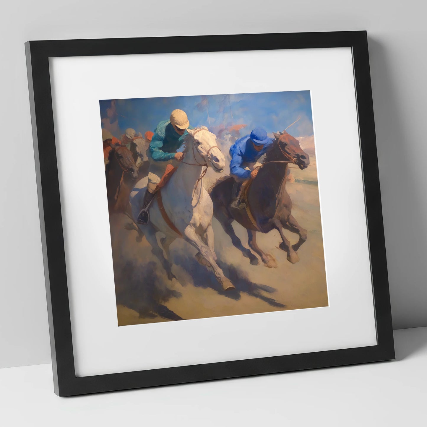 The Final Furlong racing horse art print in black frame