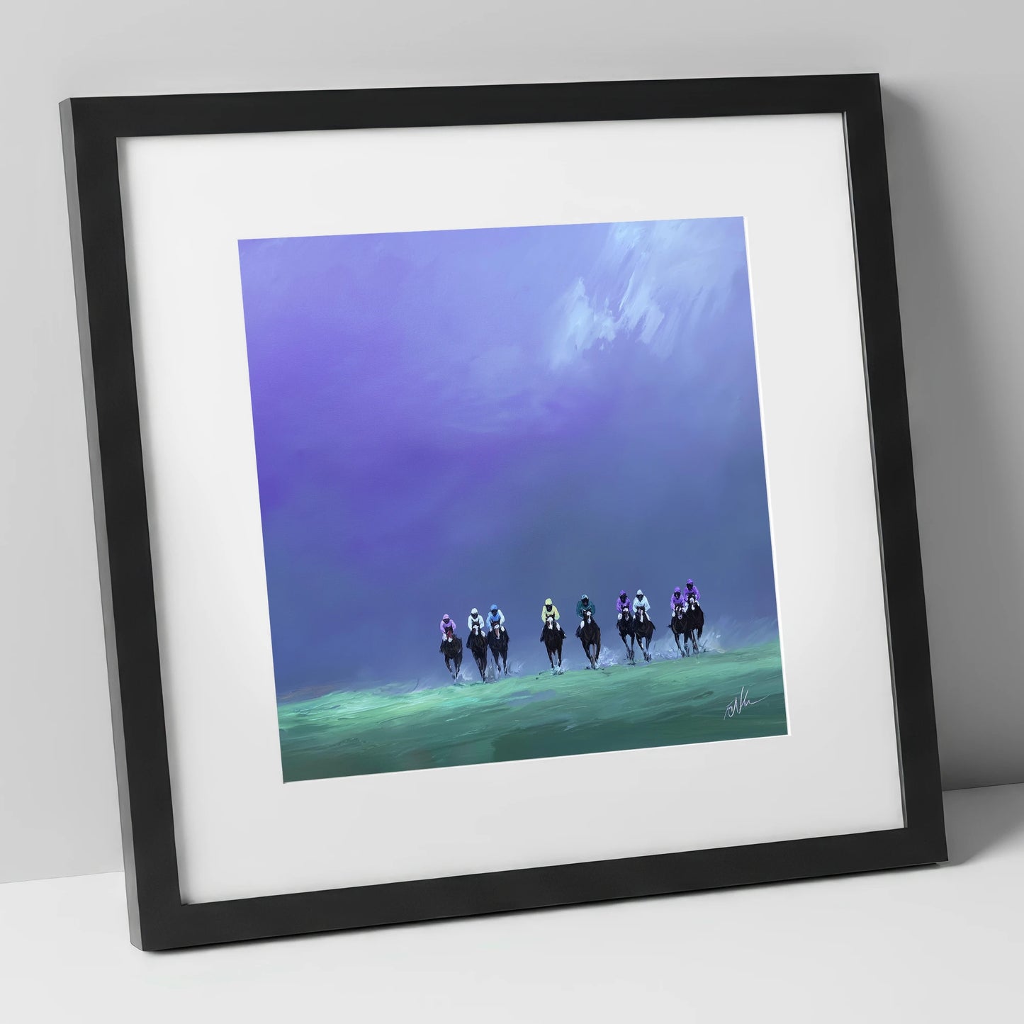 Charge Under Violet Skies racing horse art print in black frame