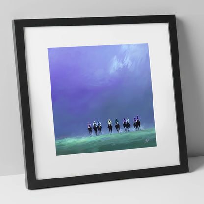 Charge Under Violet Skies racing horse art print in black frame