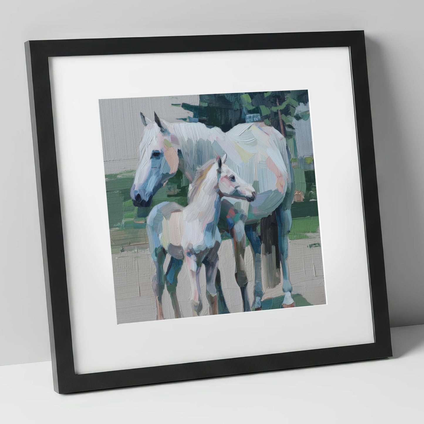 Textured Pastel Bond mare & foal art print in black frame