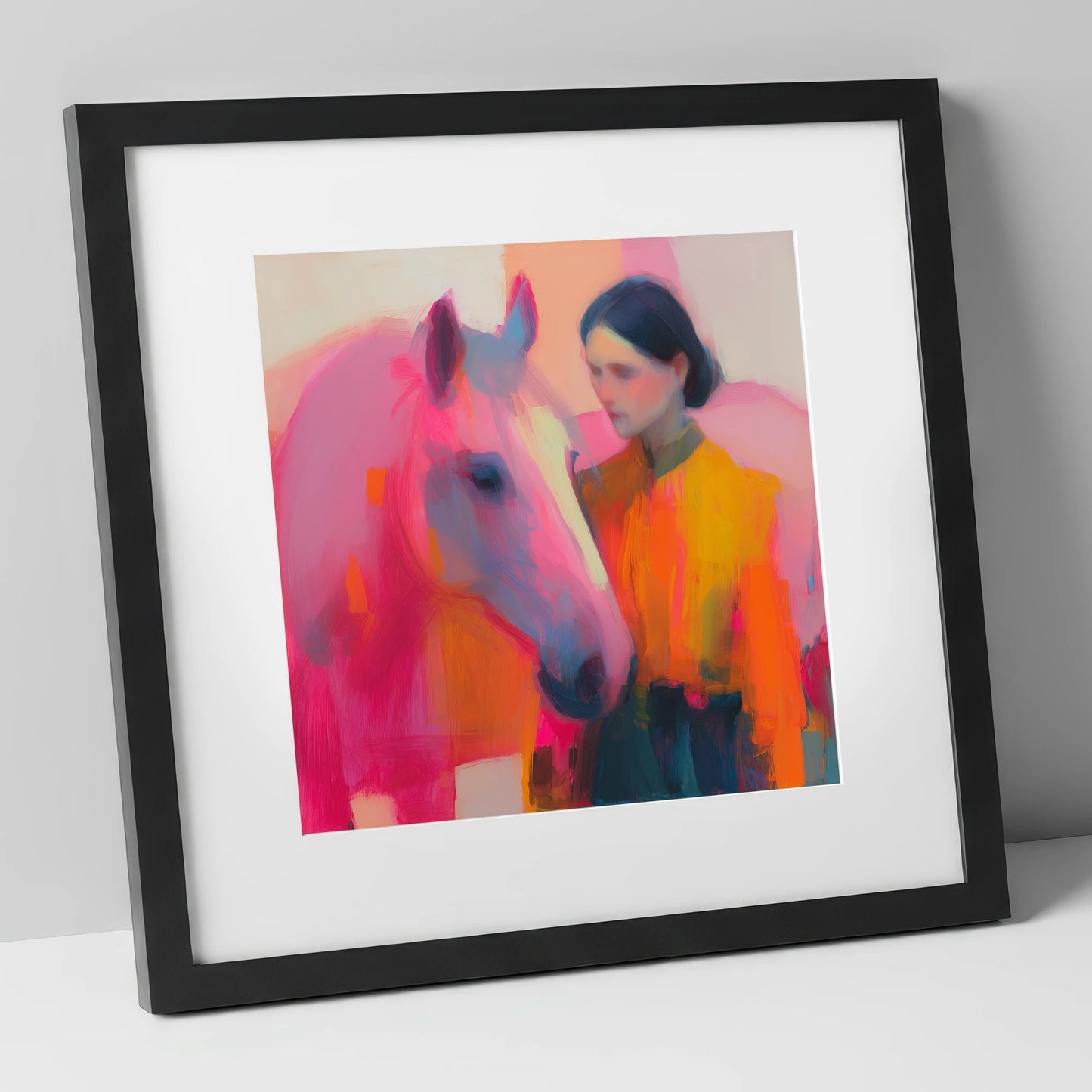 A Vivid Bond horse & rider art print in black frame