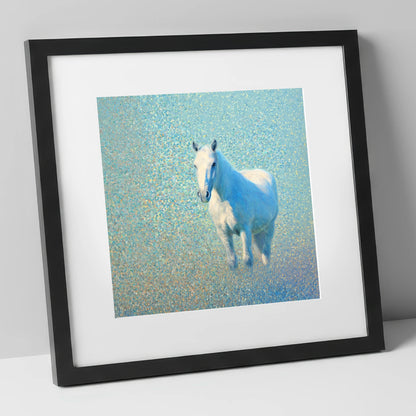 Luminous Azure Grey horse portrait art print in black frame
