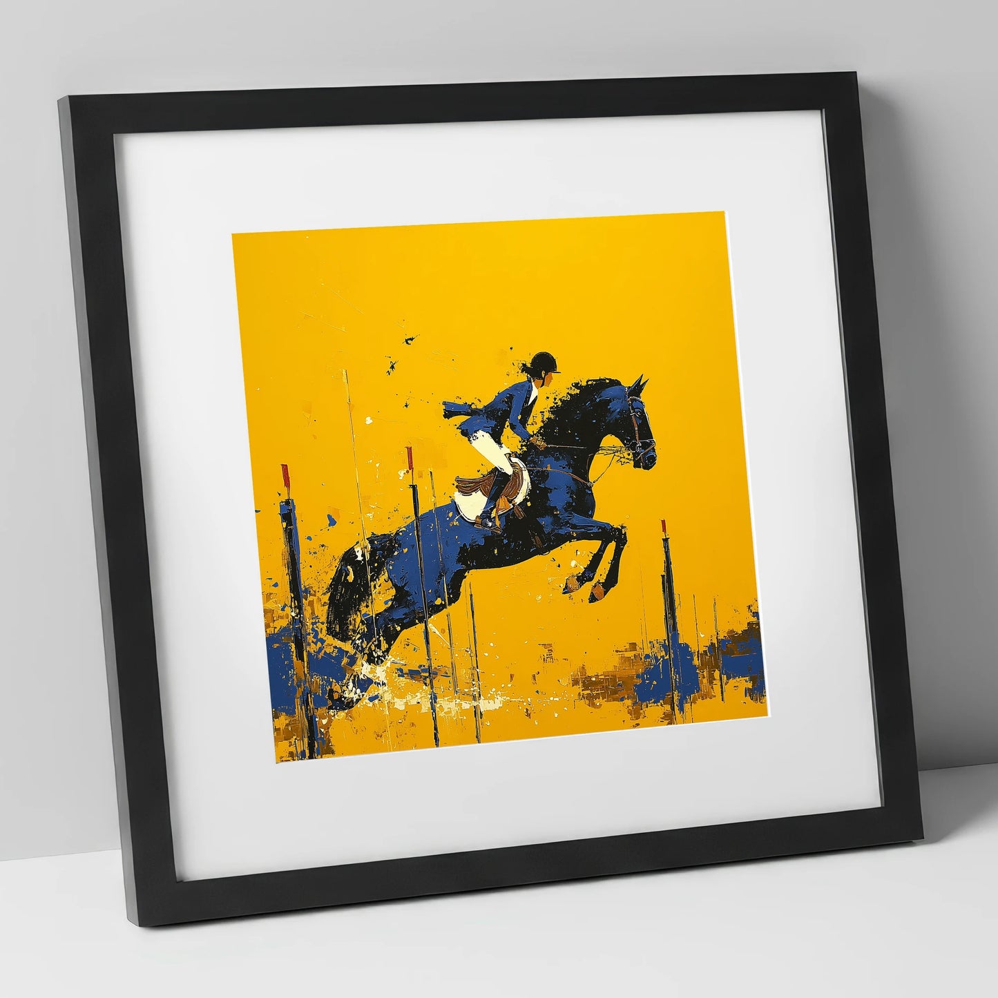 Airborne in Ochre show jumping horse art print in black frame