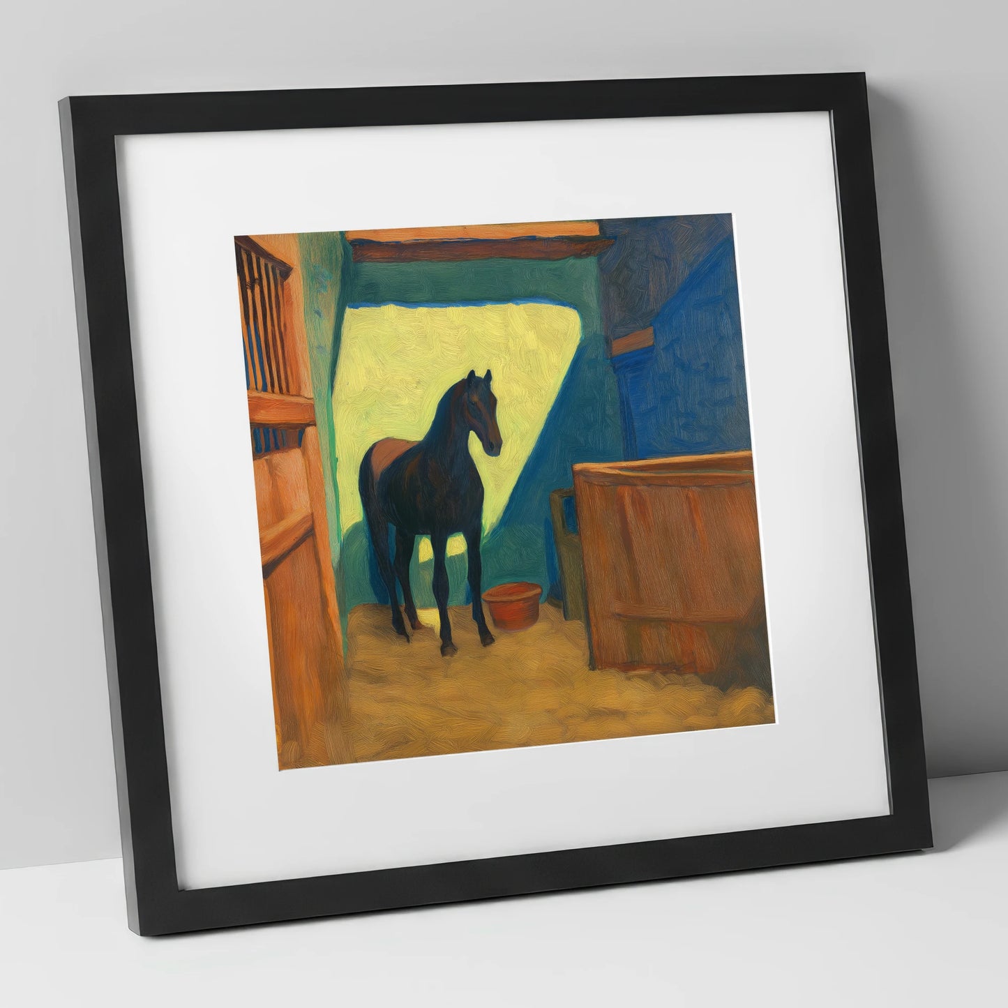 The Sunlit Stall horse stable art print in black frame