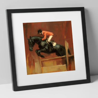 The Bold Leap show jumping horse art print in black frame