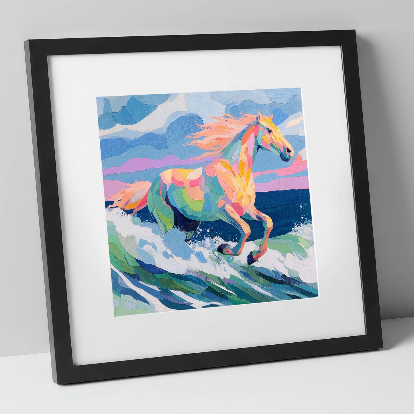 Technicolour Tide beach horse art print in black frame
