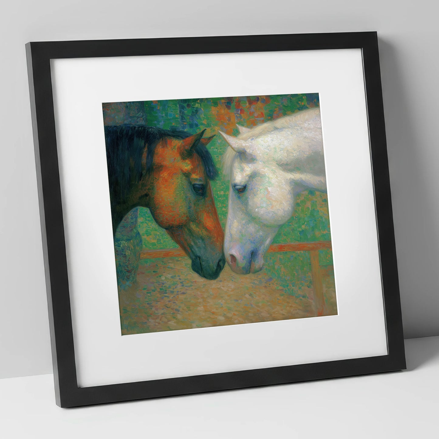 Quiet Companions horse portrait art print in black frame